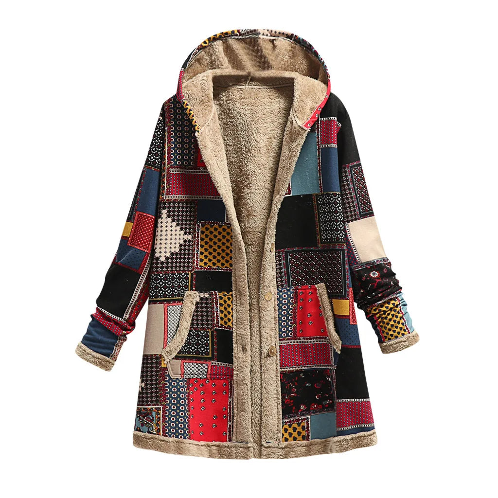 Ava | Vintage warme lange Jacke mit Kapuze