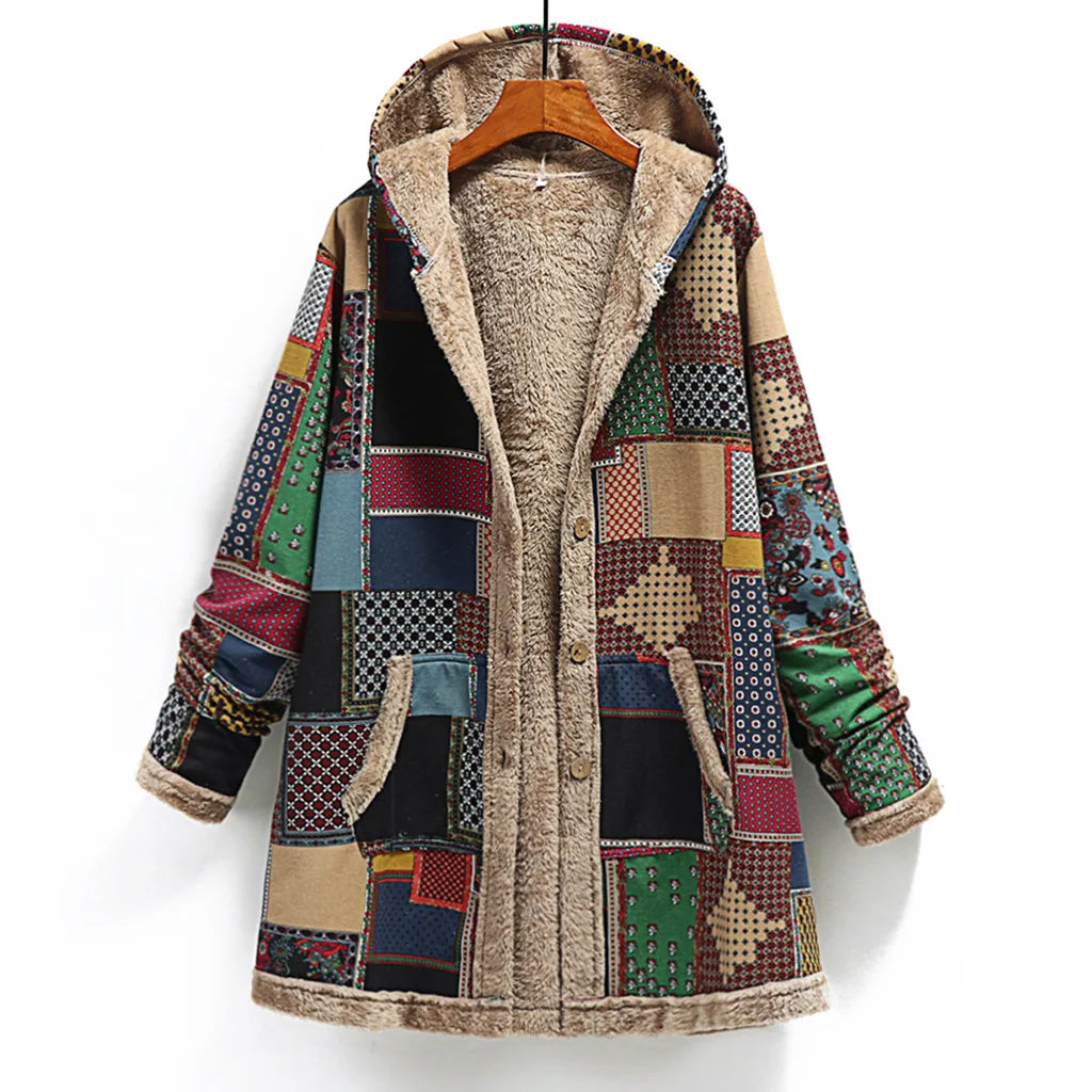 Ava | Vintage warme lange Jacke mit Kapuze