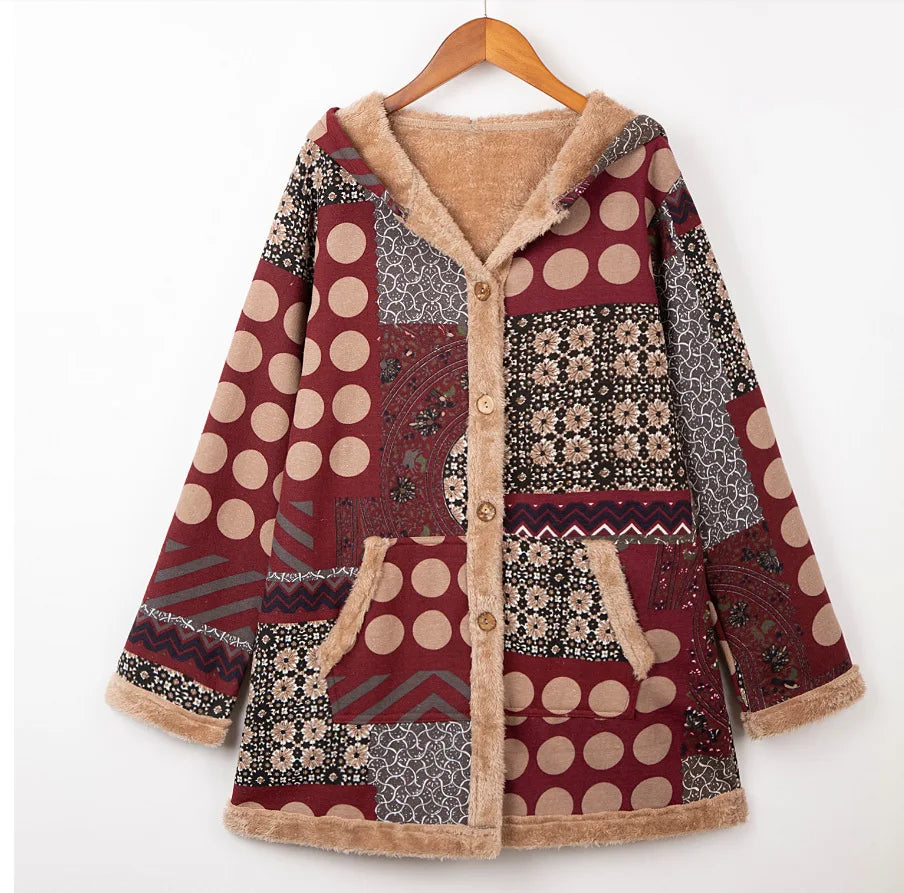 Ava | Vintage warme lange Jacke mit Kapuze